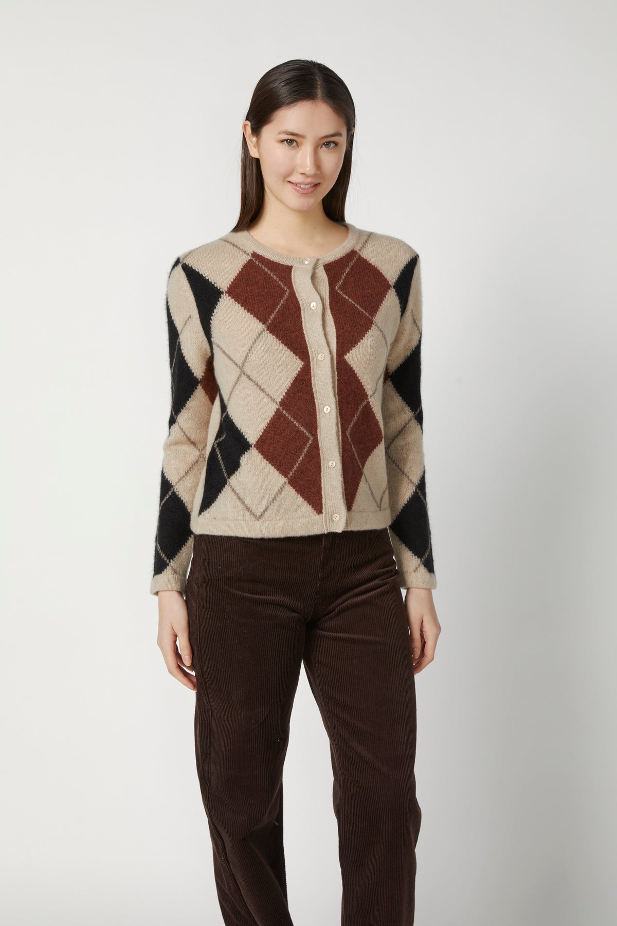 KOKUN Argyle Crew Cardigan Hazelnut