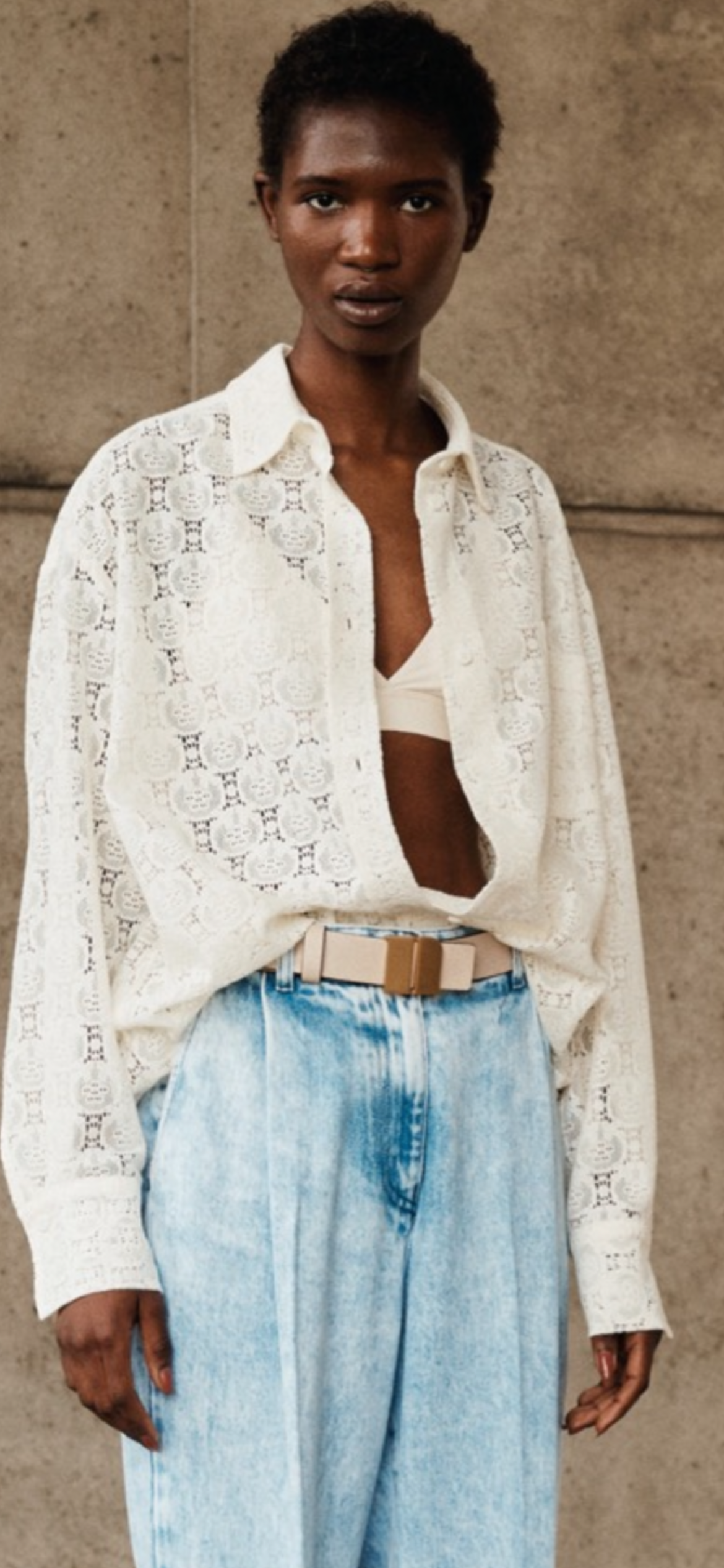 NUDE-Laminated Lace Oversized Long Sleeve Solid Lace Shirt White