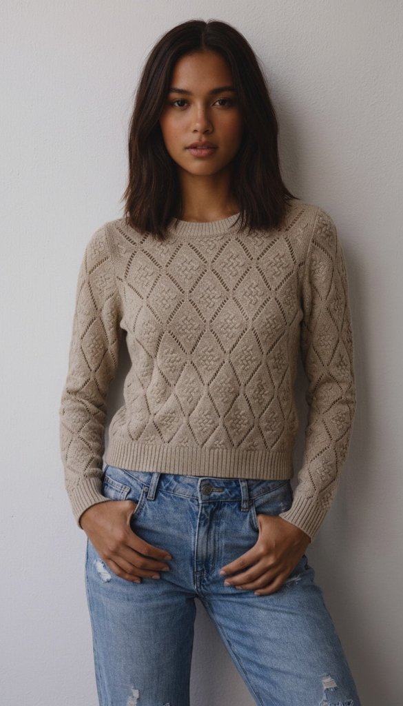 AUTUMN CASHMERE-Diamond Stitch Pointelle Crew Natural