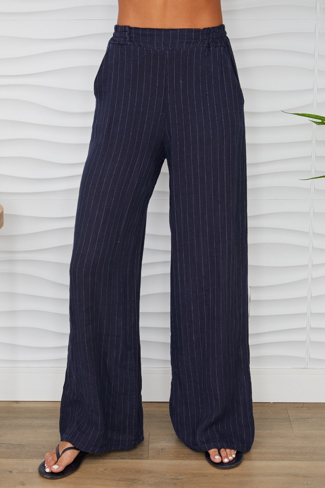 MILO MILANO-Pinstripe Linen Flat Front Pant Navy