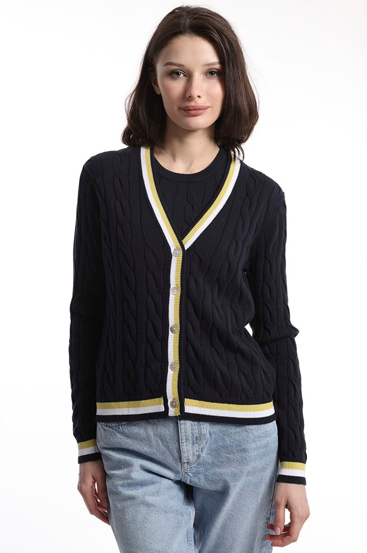 MINNIE ROSE- Cotton Cable Cardigan with Striped Detail Navy