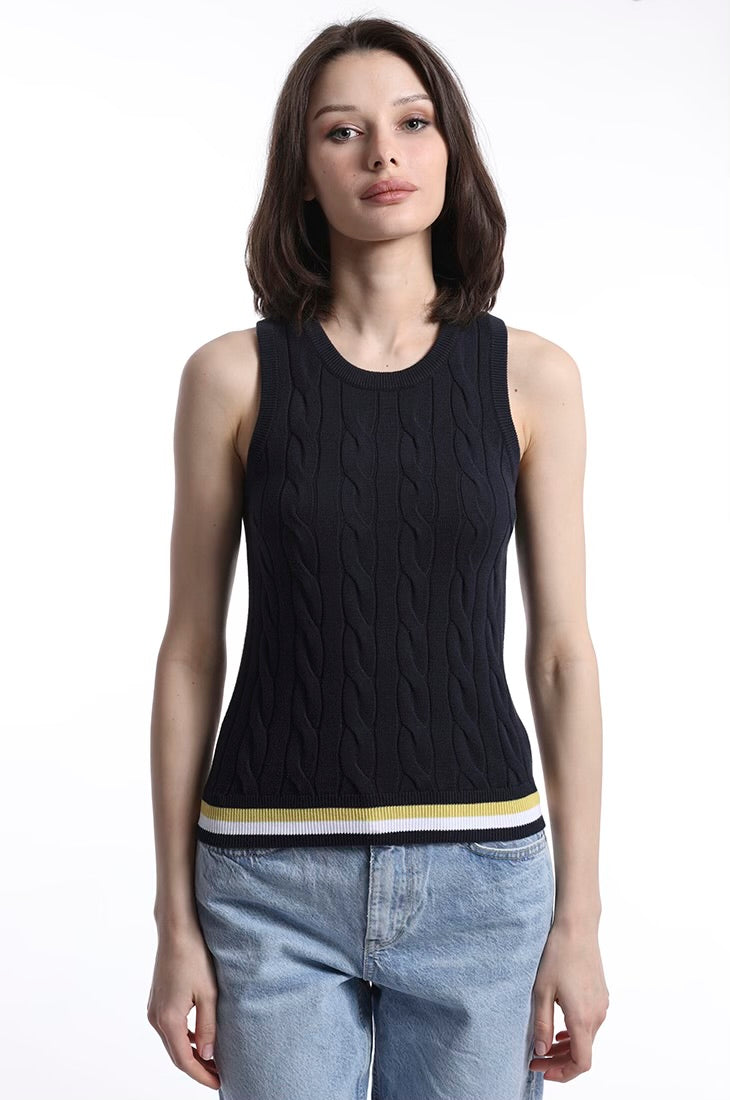 MINNIE ROSE- Cotton Cable Tank with Striped Detail Navy