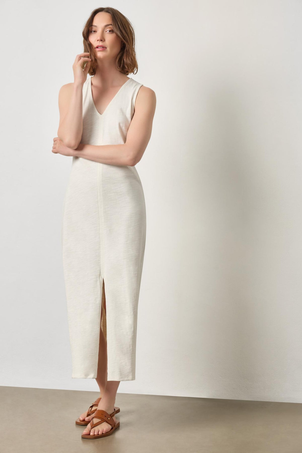 LILLA P-V- Neck Seamed Maxi Dress Ecru