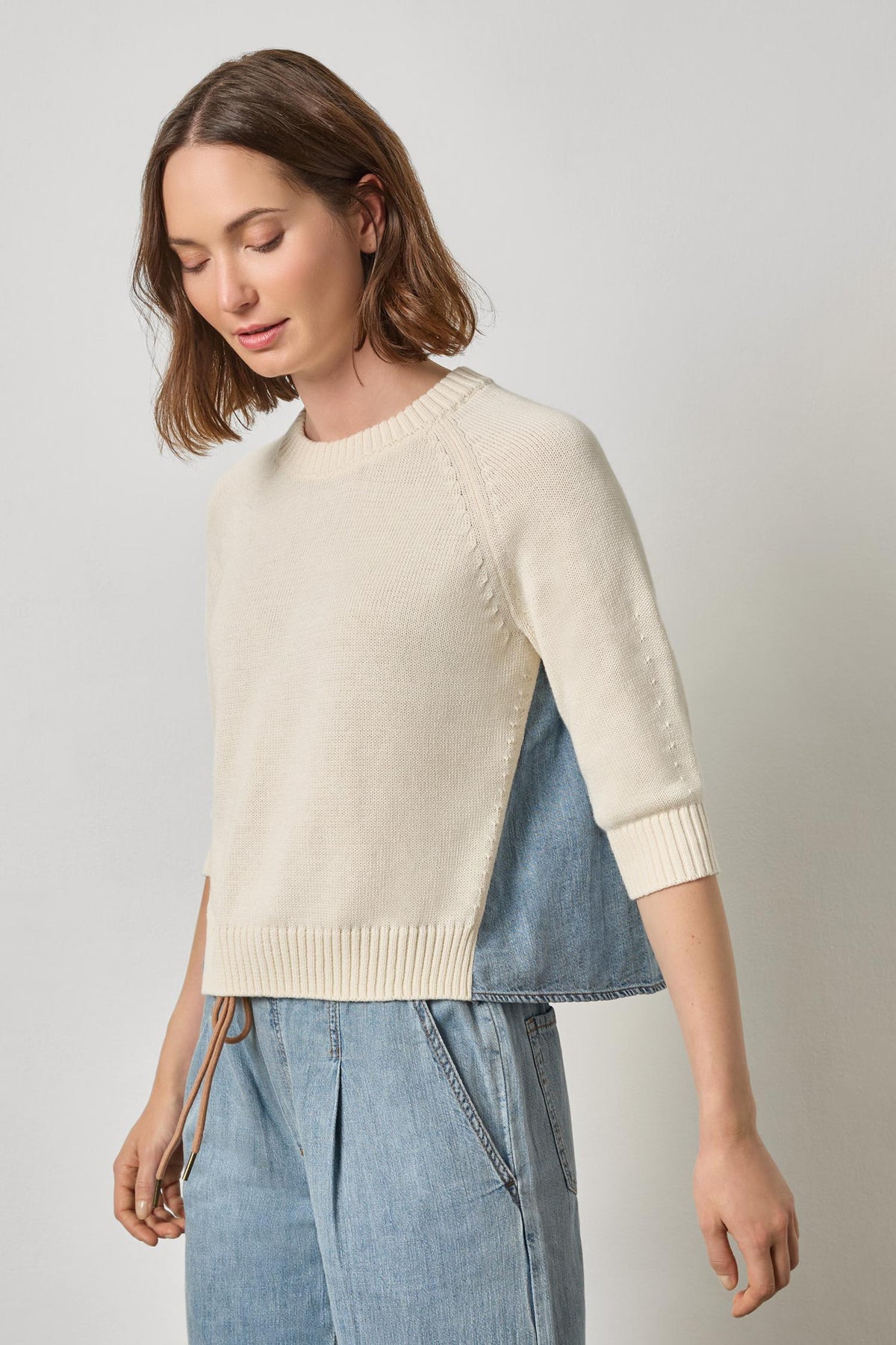 LILLA P-Denim Elbow Sleeve Sweater Off White
