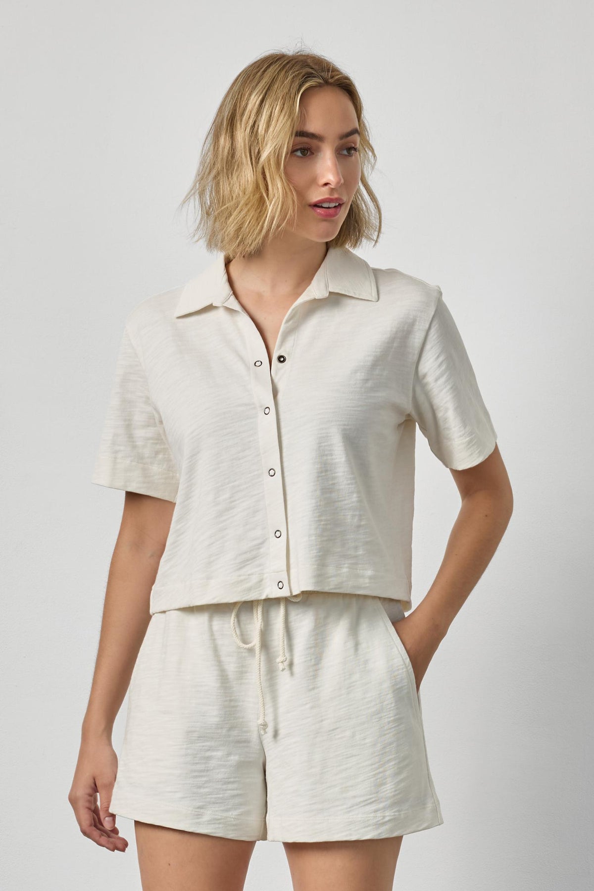 LILLA P-Elbow Sleeve Button Down Tee Ecru