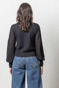 LILLA P-Pointelle Sleeve Crewneck Sweater Black