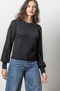 LILLA P-Pointelle Sleeve Crewneck Sweater Black