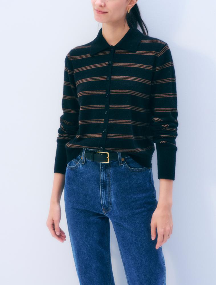 WHITE & WARREN Cashmere Striped Cardigan Black/Cedarwood