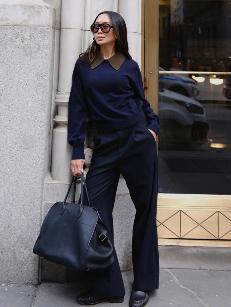 WHITE & WARREN- Cashmere Contrast Collar Sweater Deep Navy