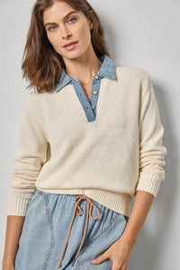 LILLA P-Denim Collar Polo Sweater Off White