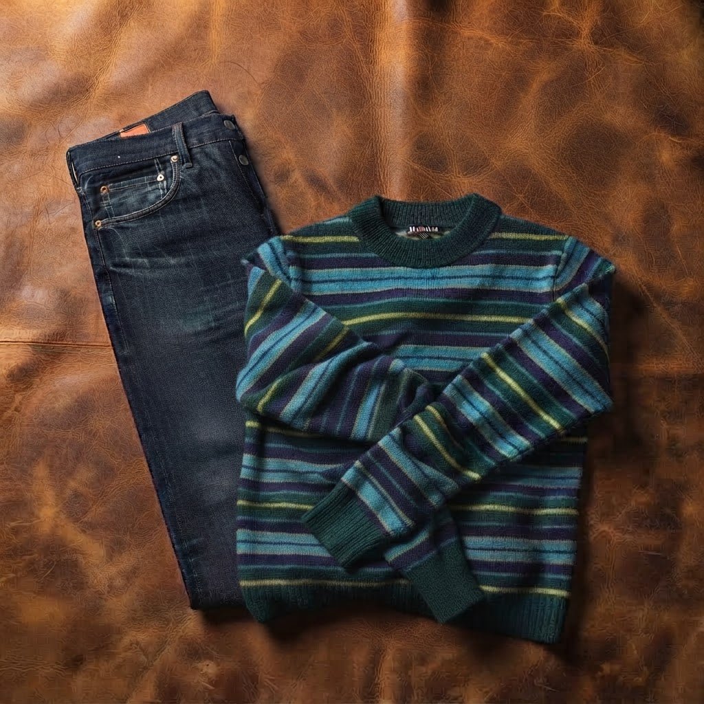 HASSON-Multistriped Rib Crew Pine/Acid Green