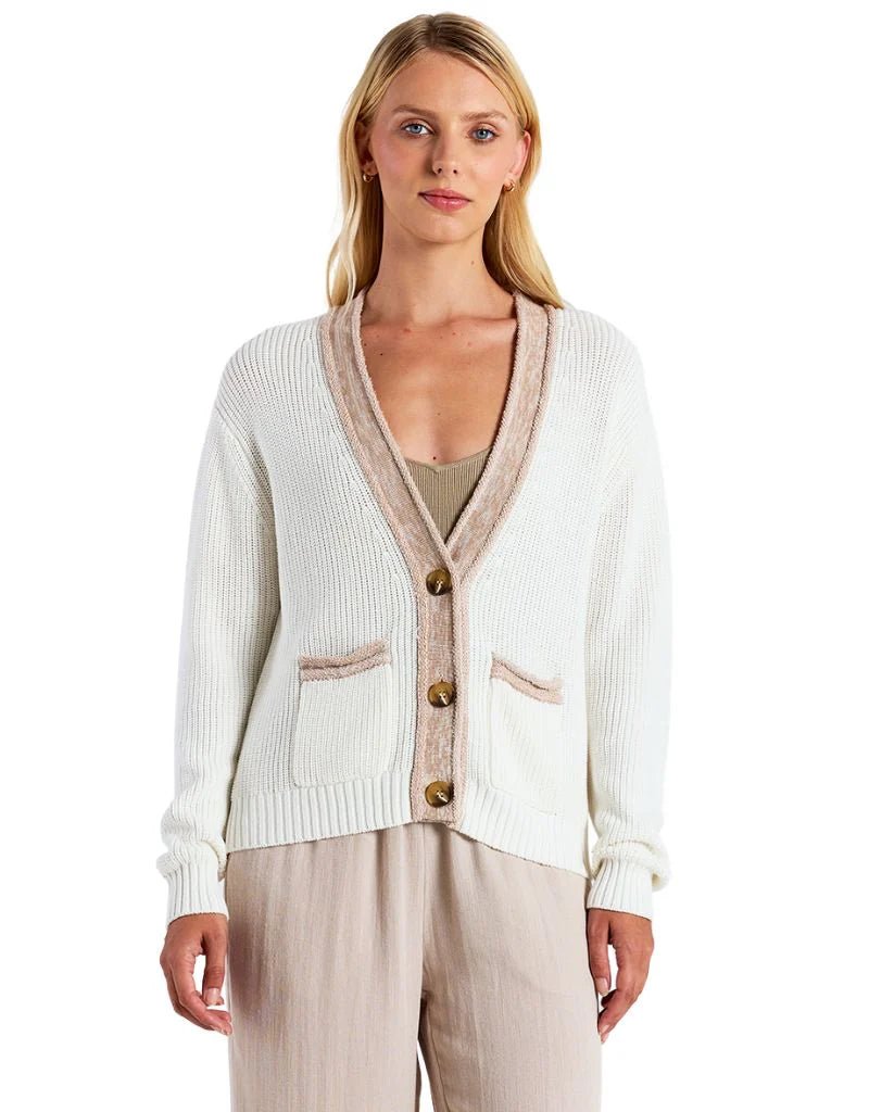 BRODIE-Contrast Effect Trim Cardigan Ivory/Light Brown