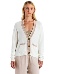 BRODIE-Contrast Effect Trim Cardigan Ivory/Light Brown