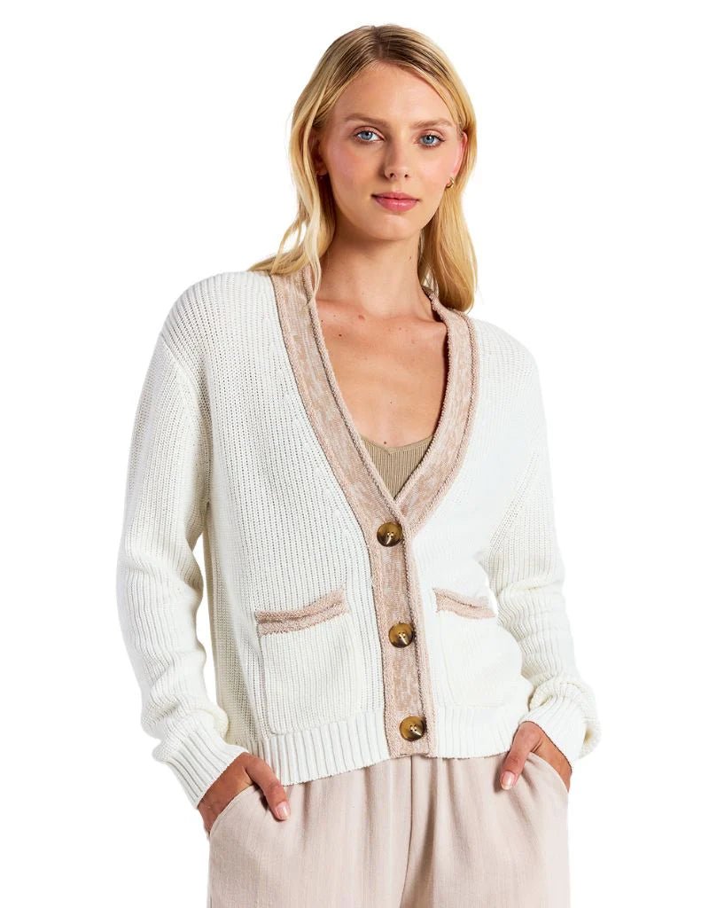 BRODIE-Contrast Effect Trim Cardigan Ivory/Light Brown