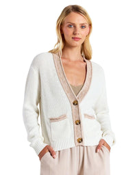 BRODIE-Contrast Effect Trim Cardigan Ivory/Light Brown