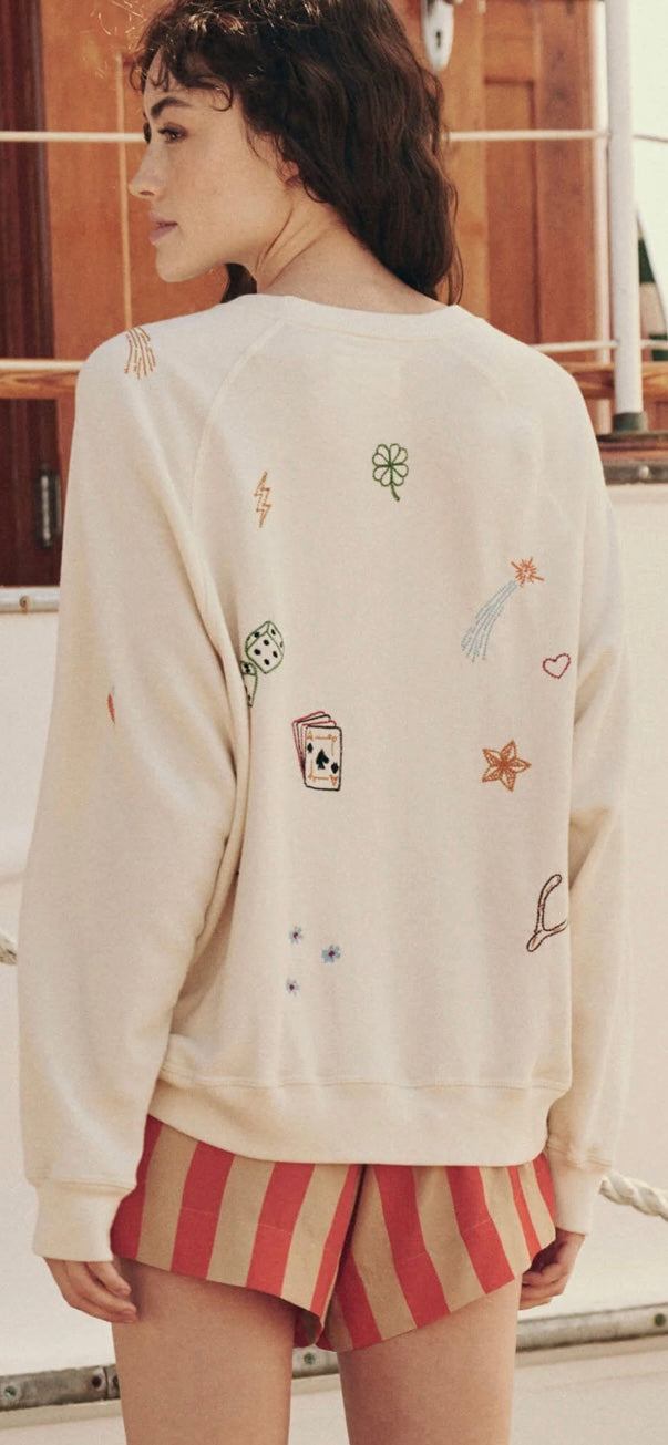 THE GREAT-The Slouch Sweatshirt with Charm Embroidery Washed White