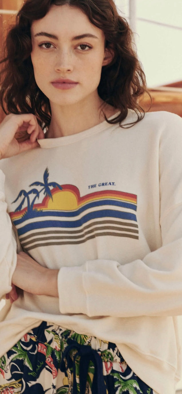 THE GREAT-The Teammate Sweatshirt with Sunset Graphic Washed White