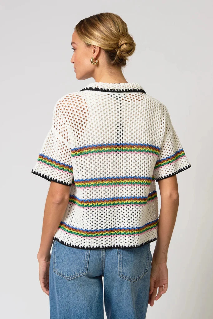 CENTRAL PARK WEST-NOA Crochet Stripe Button Down Ivory Multi