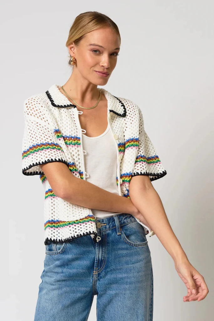 CENTRAL PARK WEST-NOA Crochet Stripe Button Down Ivory Multi