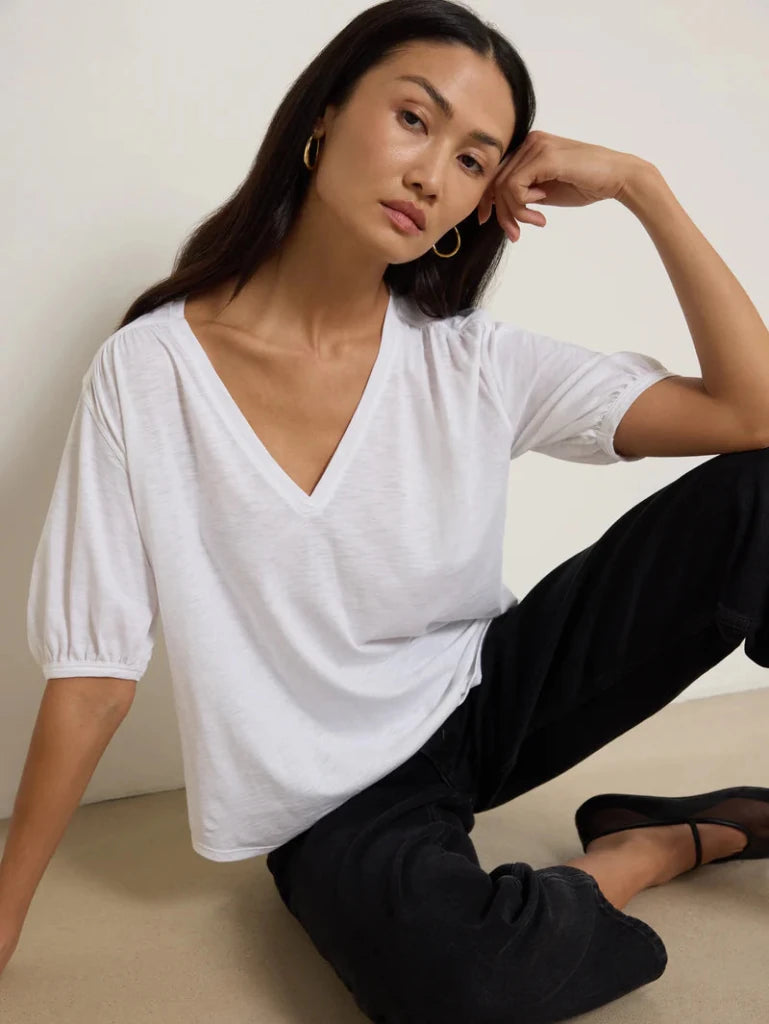 NATION-Edie Shirred Shoulder Top White