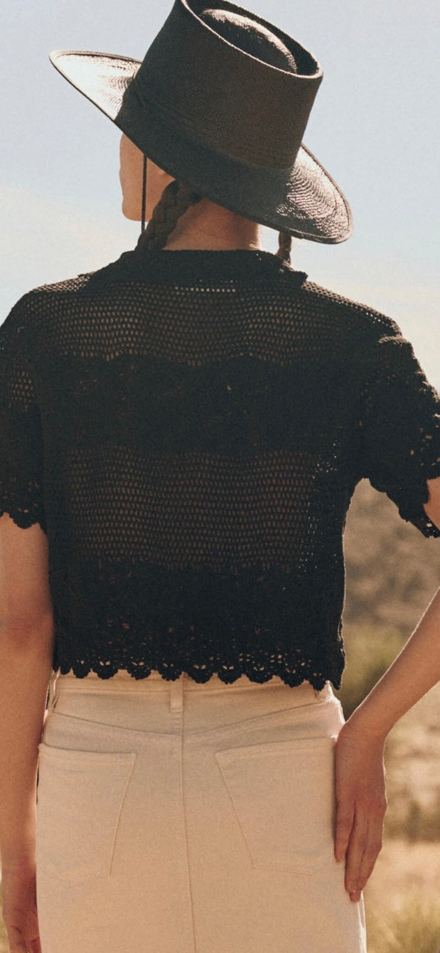 THE GREAT-The Crochet Polo Top Black