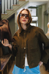 PERFECT WHITE TEE-Raine Cotton Canvas Utility Jacket Dark Olive