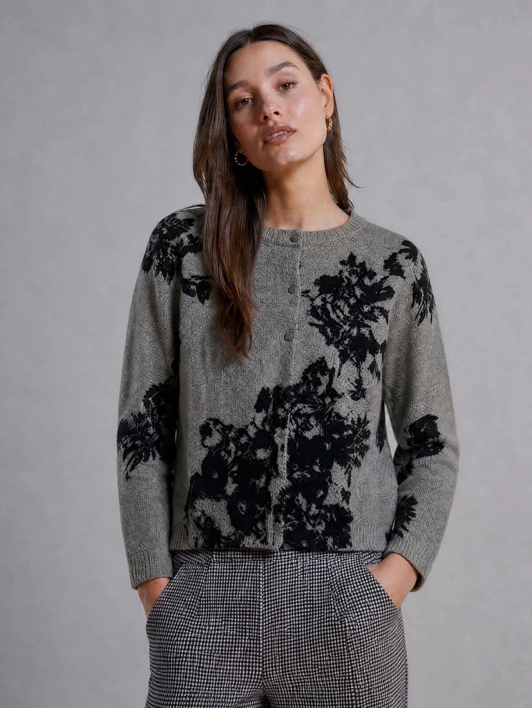AUTUMN CASHMERE-Placed Floral Long Sleeve Cardigan Cement/Black