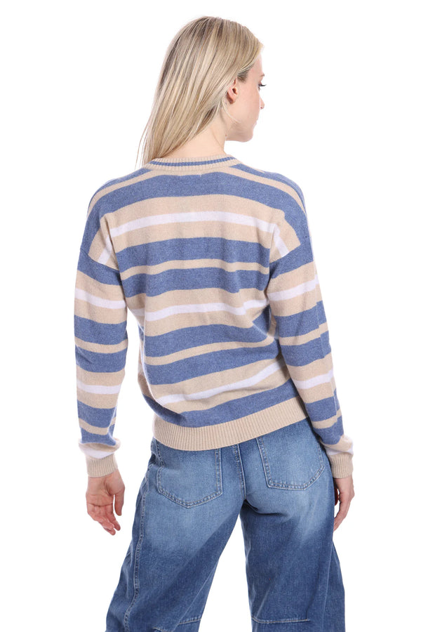 MINNIE ROSE-Cashmere Striped Cardigan with Tipping