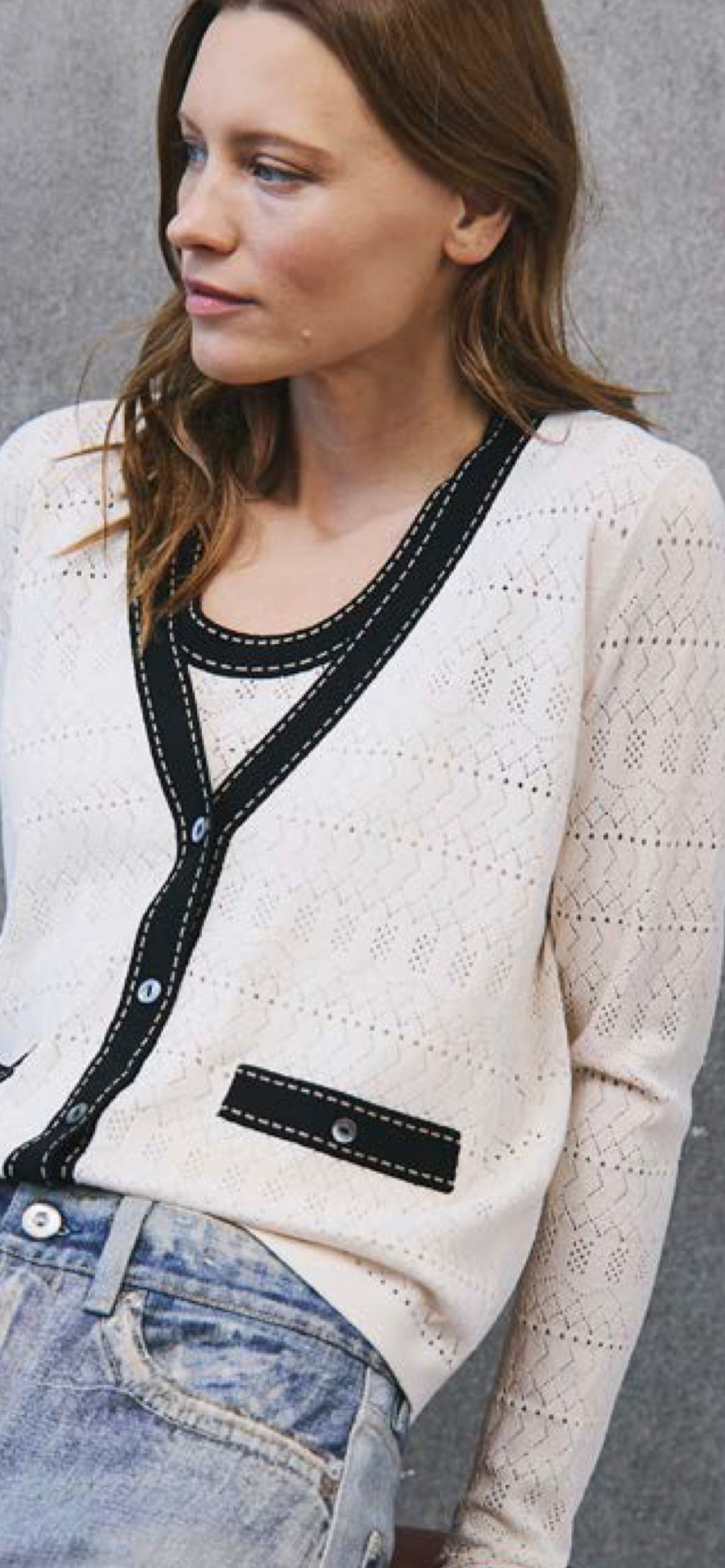 AUTUMN CASHMERE-Pointelle V Neck Cardigan with Saddle Stitching Sand Combo