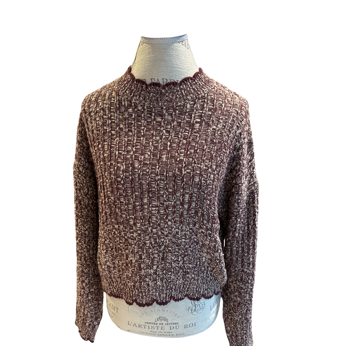 AUTUMN CASHMERE-Tipped Ladder Stitch Crew Bordeaux Combo