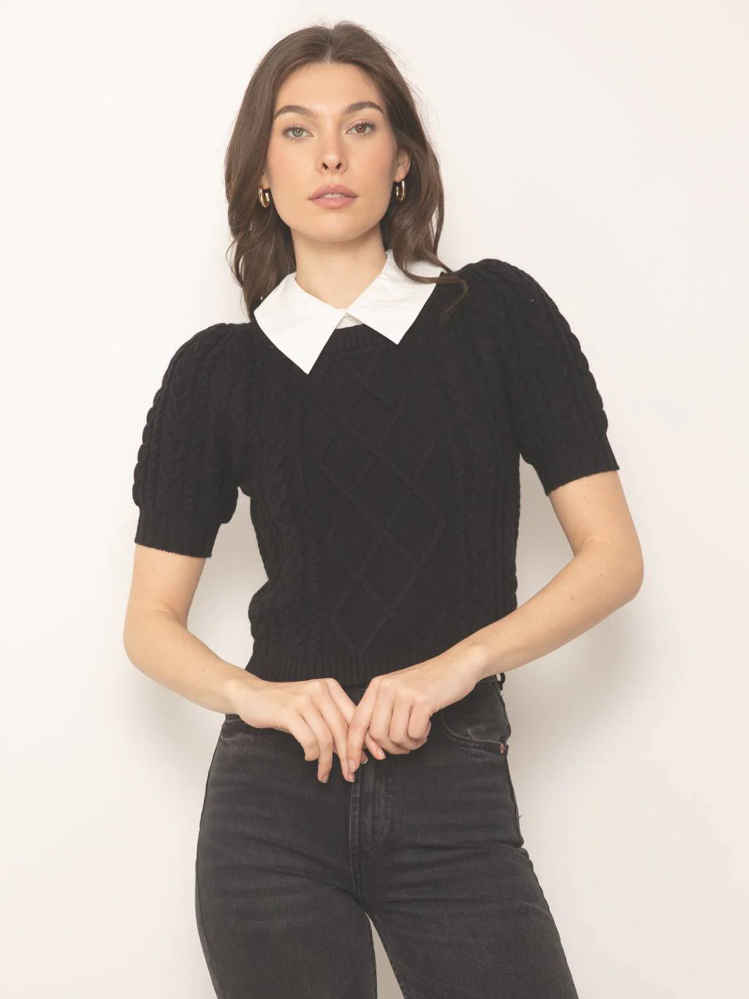 CENTRAL PARK WEST-Tessa Puff Sleeve Cable Twofer Black Combo Black Combo