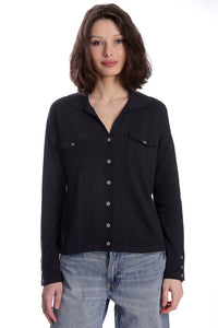 MINNIE ROSE-Cotton Cashmere Long Sleeve Solid Camp Shirt Black Charcoal