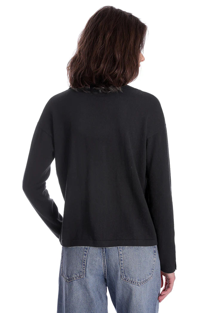 MINNIE ROSE-Cotton Cashmere Long Sleeve Solid Camp Shirt Black Charcoal