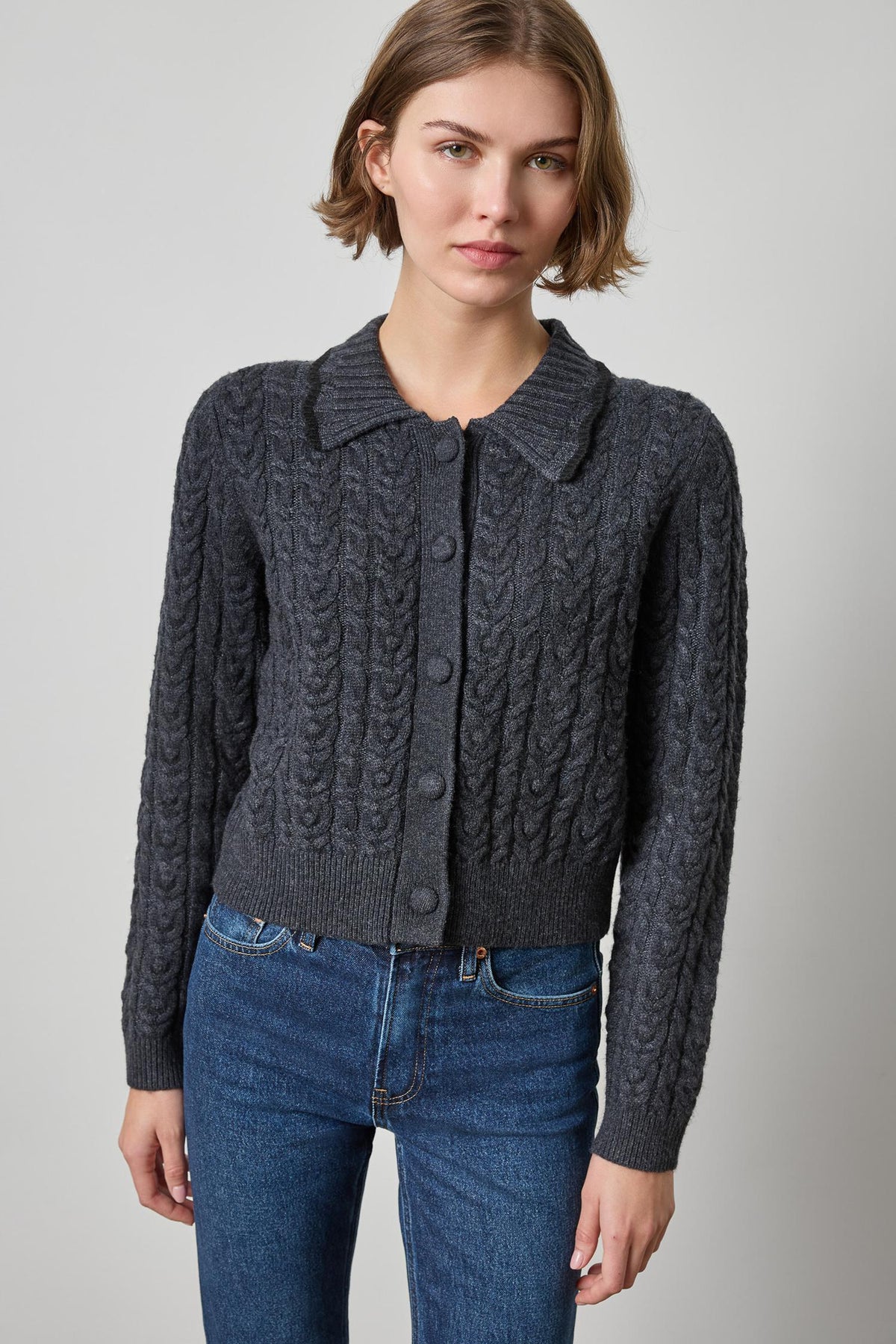 LILLA P- Long Sleeve Polo Cardigan Charcoal