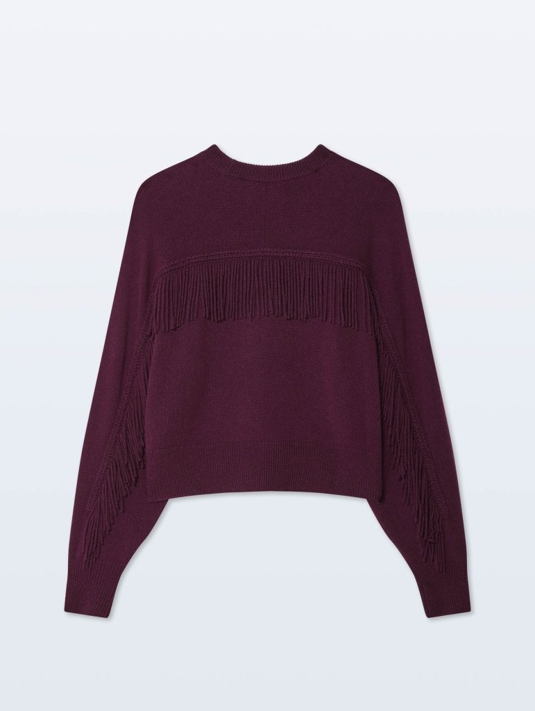 WHITE & WARREN- Cashmere Blend Luxe Fringe Crew Oxblood