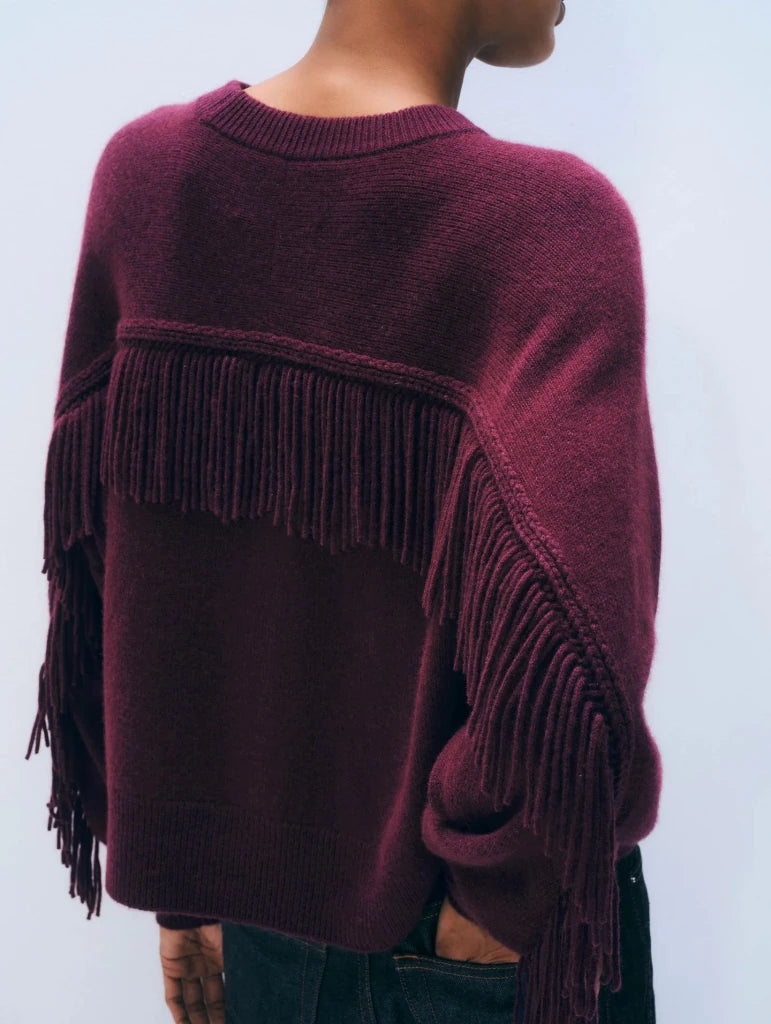 WHITE & WARREN- Cashmere Blend Luxe Fringe Crew Oxblood