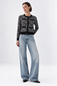 MINNIE ROSE-Damask Jacquard Long Sleeve Crew Cardigan Black Combo