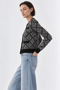 MINNIE ROSE-Damask Jacquard Long Sleeve Crew Cardigan Black Combo