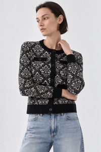 MINNIE ROSE-Damask Jacquard Long Sleeve Crew Cardigan Black Combo