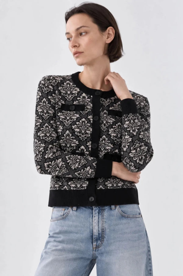 MINNIE ROSE-Damask Jacquard Long Sleeve Crew Cardigan Black Combo