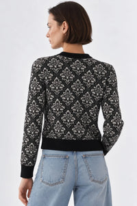 MINNIE ROSE-Damask Jacquard Long Sleeve Crew Cardigan Black Combo