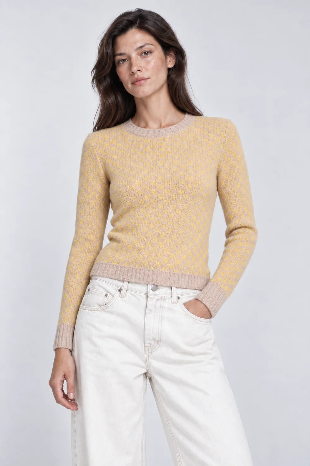 MINNIE ROSE-Double Knit Long Sleeve Crew Brown Sugar/Golden Cream