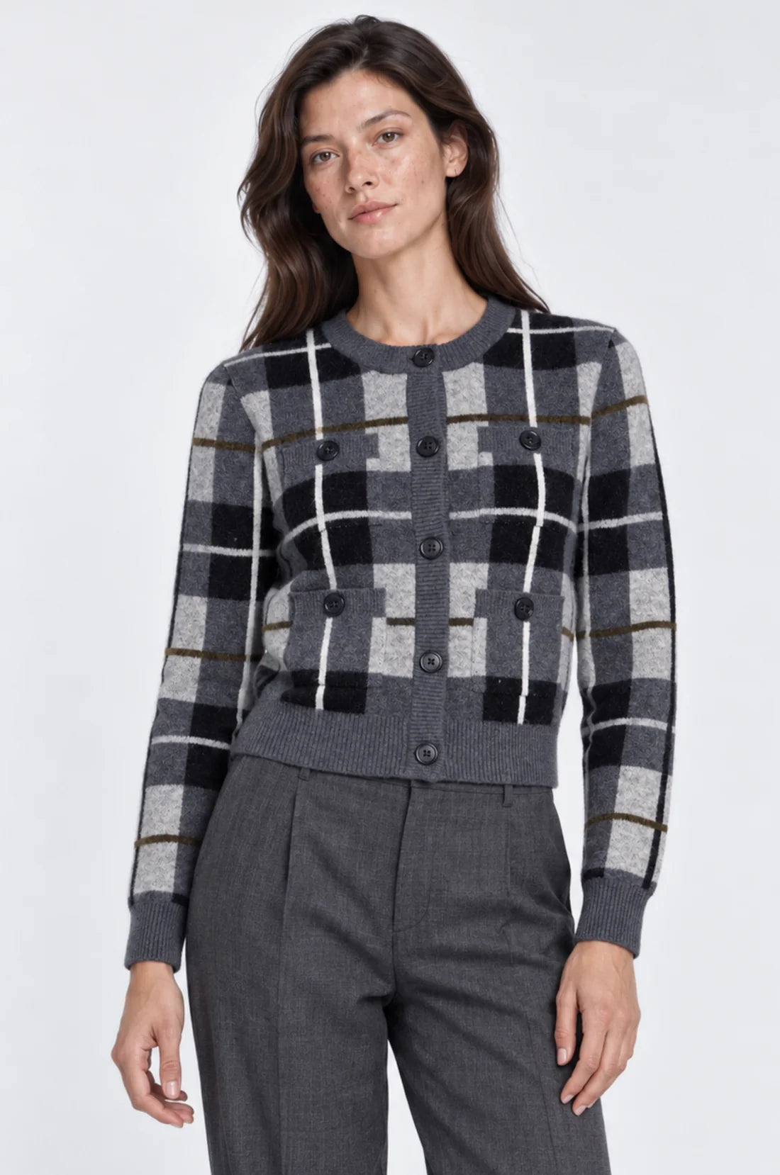 MINNIE ROSE- Long Sleeve Plaid Cardigan Grey Combo