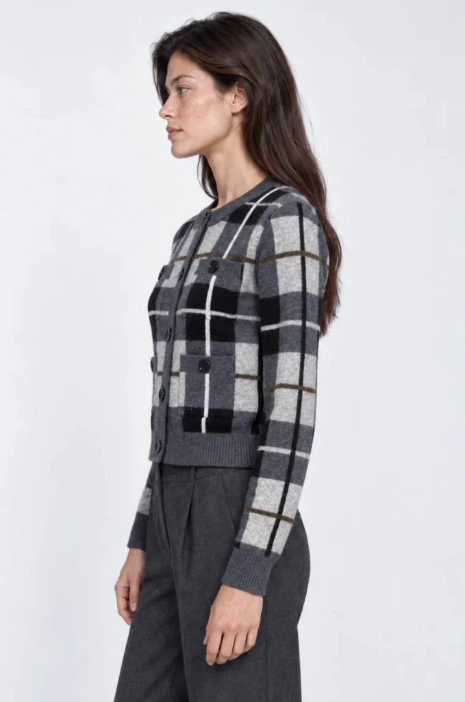 MINNIE ROSE- Long Sleeve Plaid Cardigan Grey Combo