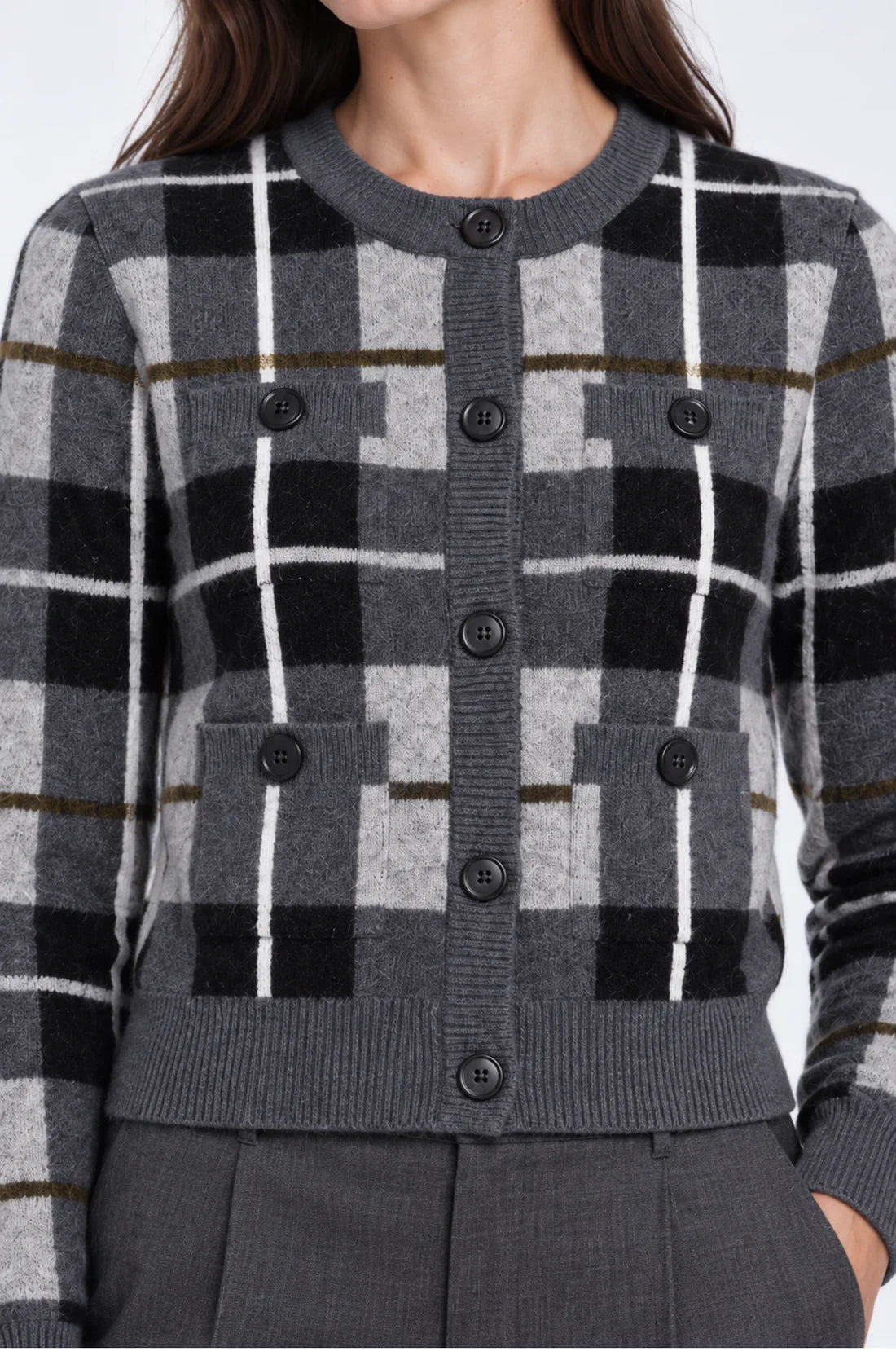 MINNIE ROSE- Long Sleeve Plaid Cardigan Grey Combo