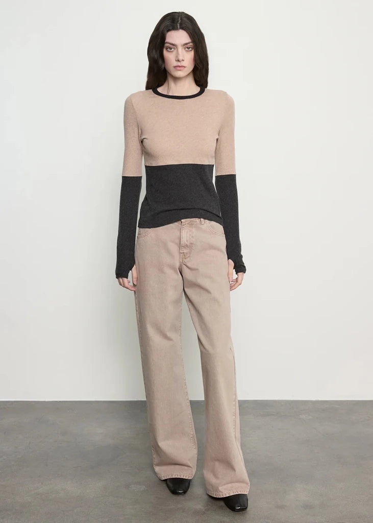 ENZA COSTA-Cashmere Jersey New Classic Block Crew Khaki/ Charcoal