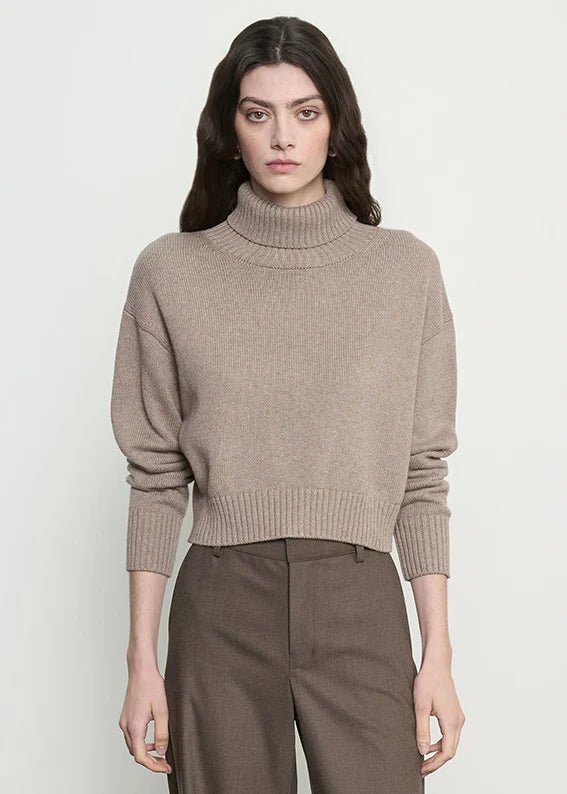 ENZA COSTA-Cotton Cashmere Funnelneck Sweater Taupe Heather