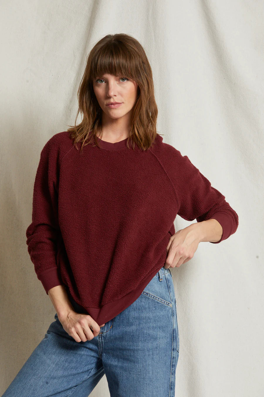 PERFECT WHITE TEE- Ziggy Inside Out Cotton Fleece Shrunken Crew Cranberry