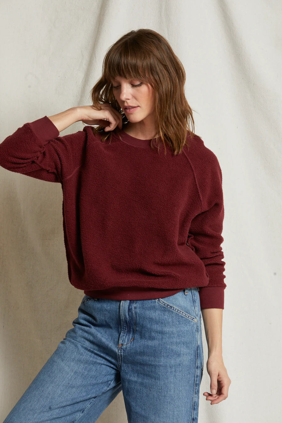 PERFECT WHITE TEE- Ziggy Inside Out Cotton Fleece Shrunken Crew Cranberry