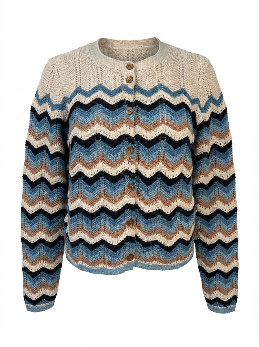 AUTUMN CASHMERE-Boxy Zig Zag Stitch Crew Neck Cardigan Stonewash Combo